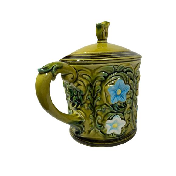 VTG Lefton Teapot Geo Z Floral Green Hand Painted Blue White Flower‎ Garden Read - Picture 5 of 14